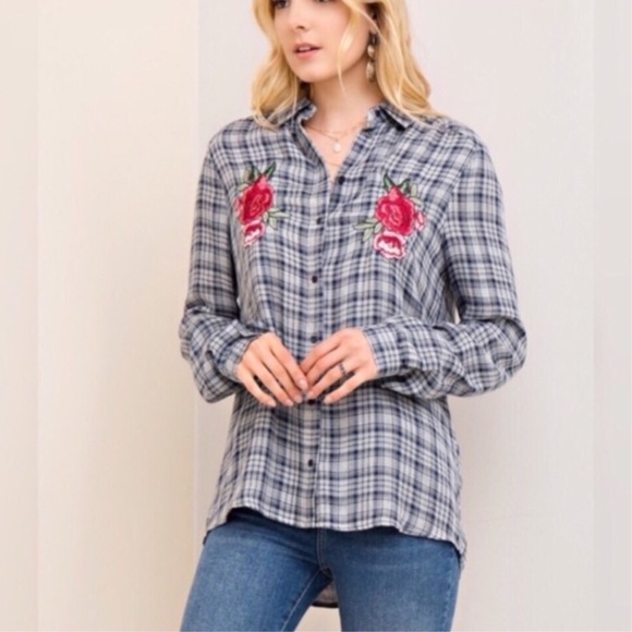 Tops - Rose Patch Flannel Shirt Tops - Rose Patch Flannel Shirt